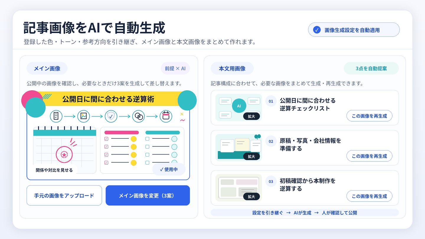 記事編集画面。本文の編集と、記事に使うメイン画像の候補を並べて選べます。