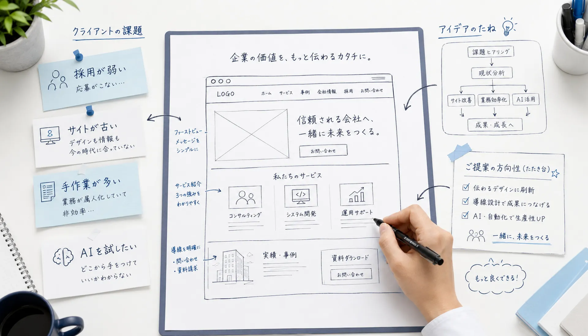 手書きの相談メモからWebサイトと公開後の運用方針をまとめる制作工程